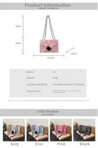 Detailed size specifications and multi-color options of the quilted chain crossbody bag