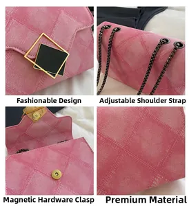 Detailed view of pink quilted bag showing magnetic buckle and chain strap features