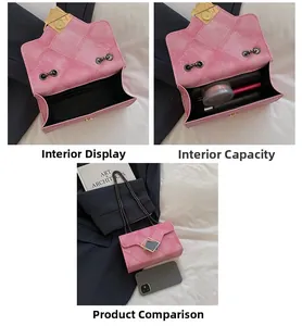 Detail showing the pink quilted crossbody bag interior capacity and phone size comparison