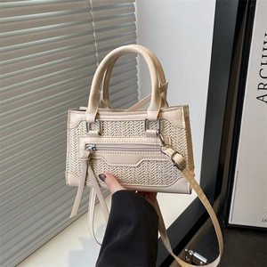 Sac Bandoulière Tissé Femmes Paille Similicuir Sac À Main Gland Fermeture Éclair Petit Carré Mode Été Vacances