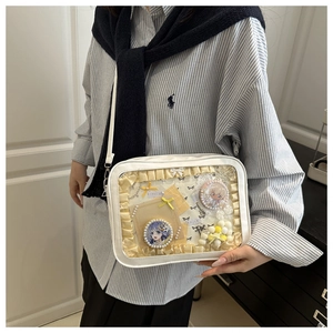 Detail einer weißen Ita-Bag mit Sichtfenster, Rüschen und DIY-Anime-Abzeichen