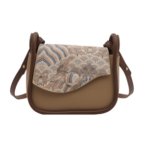 Vintage style contrast color shoulder bag with Oriental brocade flap and adjustable strap