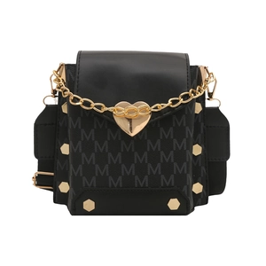 Fashionable black PU leather mini shoulder bag with gold heart lock and M-pattern print