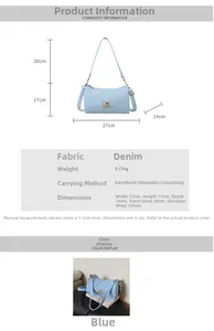 Detailed dimensions of light blue denim handbag with 27x17x14cm size and dual straps
