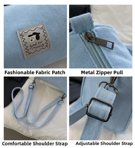 Detail of light blue canvas bag featuring cartoon patch, metal zipper and adjustable strap
