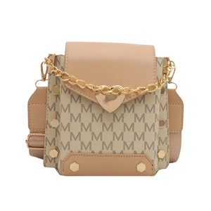 Contrast beige shoulder bag with M-monogram print and gold heart twist lock