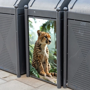 3D realistic cheetah wall sticker with jungle elements on a dark outdoor trash bin