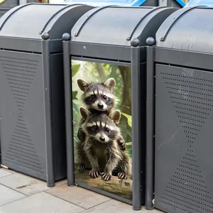3D realistic raccoon stickers on black outdoor bin showing lifelike animal wall decals