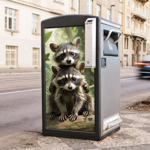 Waterproof outdoor trash can decal featuring two raccoons in a green forest style
