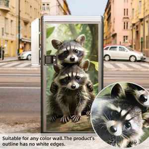 Close-up of creative forest raccoon wall stickers showing high-definition print and hair texture