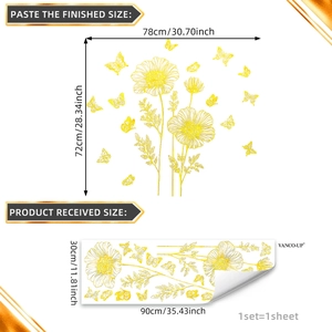 Golden floral and butterfly wall stickers with layout and finished display dimensions