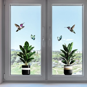 Green potted plants with hummingbirds and butterflies static window stickers for home decor