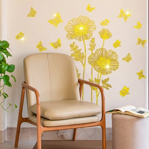 Creative hand-painted gold floral wall decals with butterflies for bedroom decoration