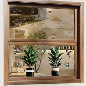 Green potted plants window stickers with hummingbirds and butterflies on glass