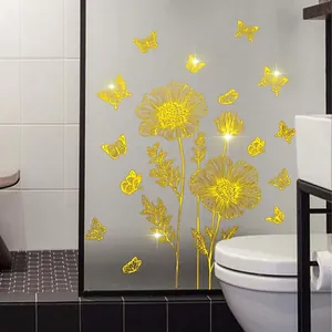 Self-adhesive golden flower and butterfly wall stickers for modern bathroom glass decor