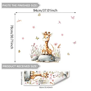 Cartoon giraffe wall stickers with pink flowers and butterflies for kids room decor
