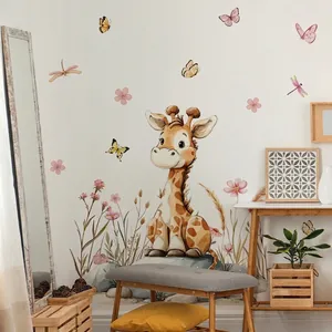 Cartoon Giraffe Wall Stickers Butterflies Flowers PVC Self Adhesive Removable Decals Watercolor Style Kids Nursery Decor