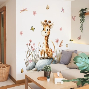 Cartoon giraffe and pink floral wall decals for nursery room decoration on white wall