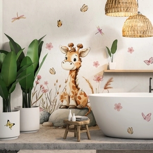 Cartoon giraffe and pink flower wall stickers in a cozy bathroom scene decoration