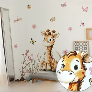 Detail of watercolor giraffe wall sticker with adhesive texture and floral print quality