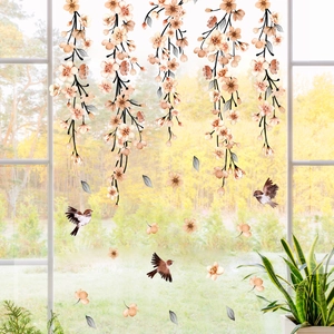 Pink cherry blossom and bird static window decals for glass display decoration