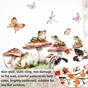 Macro detail of static cling window film showing watercolor birds and flowers on both sides