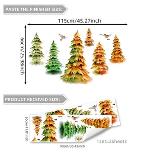 Self-adhesive watercolor pine tree wall stickers with dimensions for home decor layout