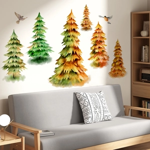 Watercolor pine tree wall stickers with birds for modern living room home decor