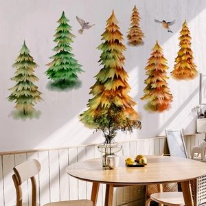 Watercolor forest pine trees wall stickers with birds for minimalist home wall decor