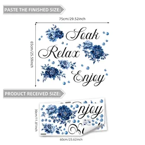 Blue floral wall decals with Soak Relax Enjoy lettering and 75x65cm layout dimensions