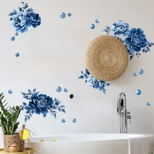 Detail of blue peony flowers and soak relax enjoy bathroom wall stickers on white wall