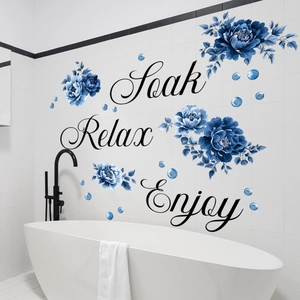 Detailed view of blue watercolor floral wall stickers with Soak Relax Enjoy lettering