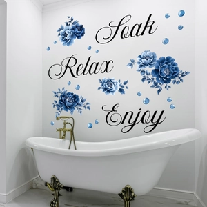 Blue floral bathroom wall stickers with Soak Relax Enjoy script and rose patterns