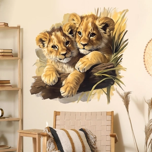 Artistic wall sticker featuring two cute lion cubs on a branch for home decor