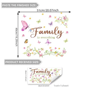 Detailed size chart for Family Is Everything wall sticker with pink flowers and butterflies