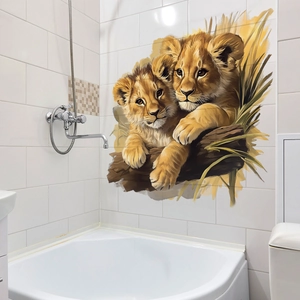 Creative hand-painted wall stickers of two baby lions on a tree for home decor