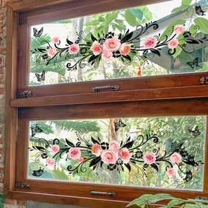 Pink Rose Flower Window Sticker Black Vine Butterfly Static Cling Decal Double Sided Removable PVC Glass Decor For Home
