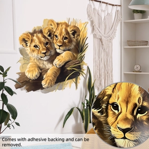 Detail of cute lion illustration wall sticker with texture and adhesive backing close-up