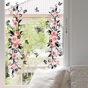 Pink roses and black vine static window stickers for home glass decoration