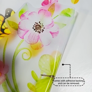 Macro detail of self-adhesive floral wall sticker showing removable backing and matte texture