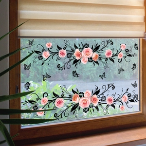 Pink roses and black vine static window film for home decoration in living rooms