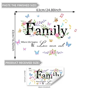 Family quote wall stickers with colorful flowers, butterflies and birds, 63x43cm finish