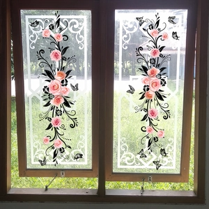 Pink rose and black vine static window film sticker for home glass decoration