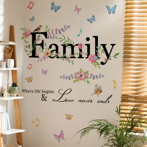 Detail of floral wall decals featuring Family quote with watercolor birds and butterflies