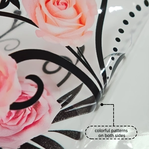 Detail view of double-sided floral window film with pink roses and black vine patterns