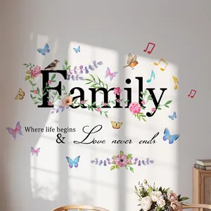 Floral wall sticker featuring Family quote with pink peonies and butterflies on grey wall