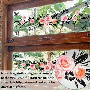 Detailed close-up of pink rose window stickers with black vines and flying butterflies