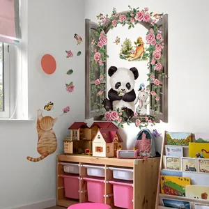 Panda and rose window wall decals with cute cats for cozy kids room interior decoration