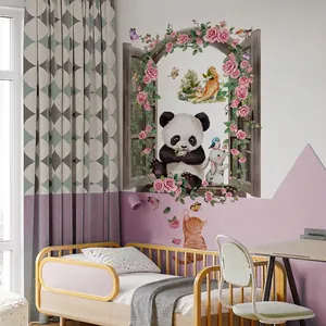 Creative 3D window wall sticker featuring panda, kittens and pink rose vines for room decor