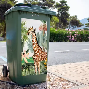 Realistic giraffe wall sticker with tropical plants on a green outdoor trash can decor